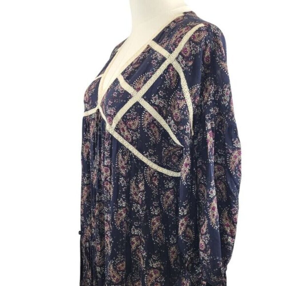POL NEW Small Maxi Dress Cotton Blue Red Paisley Crochet Trim Vintage BOHO Style - Picture 7 of 16